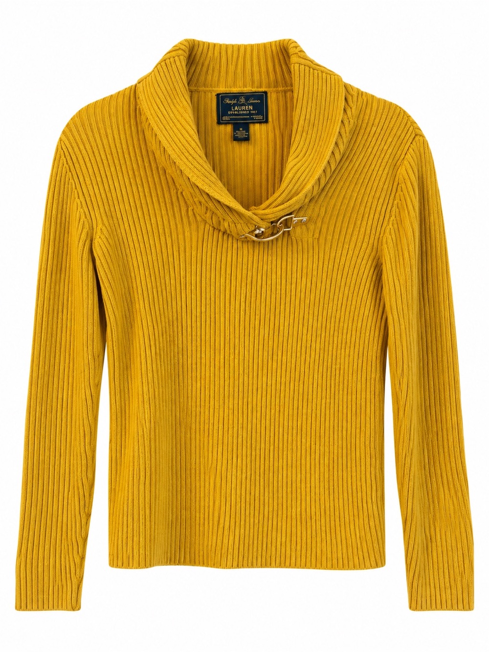 Ralph Lauren Mustard Ribbed Shawl-Collar Sweater with Buckle Accent